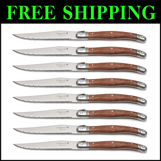 Elegant 8-Piece Steak Knife Set with Wood Handles - Gift-Ready & Dishwasher Safe