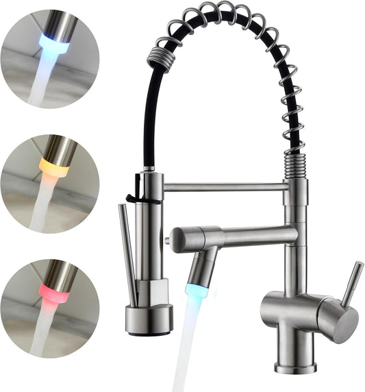 Durable Stainless Steel Kitchen Faucet with Dual Spouts & LED Temp Indicator