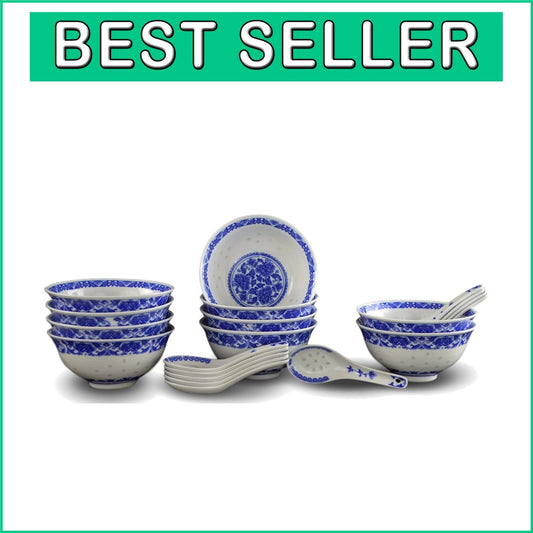 Elegant Blue & White Porcelain Bowls with Free Spoons - 10 pcs, 237ml Each