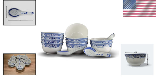 Traditional Blue & White Floral Soup Bowls Set of 6 with Free Porcelain Spoons