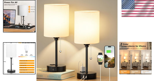Elegant Black & White Bedside Table Lamps with USB & AC Outlet - 3 Color Modes