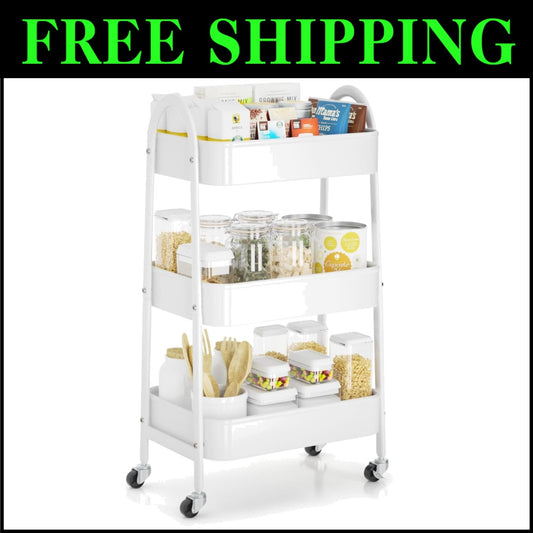 3 Tier Rolling Storage Cart - Lockable Wheels & Sturdy Metal Design in White
