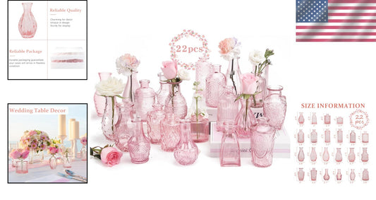Elegant 22-Pack Pink Flower Vases - Vintage Mini Bottles for Centerpiece Decor