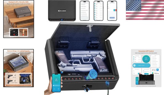 Durable Carbon Steel Gun Safe - Biometric, USB Charge, LED - 10.82"x8.66"x2.75"