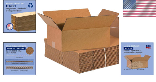 Bulk 25-Pack Heavy Duty Cardboard Storage Boxes 16x10x6 for Moving & Shipping