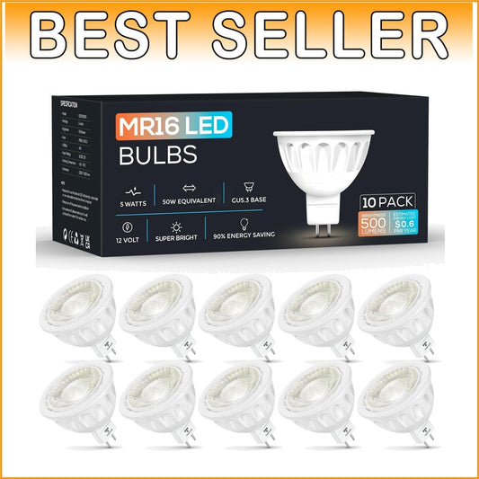 10-Pack Dimmable MR16 LED Bulbs, 5W Equivalent to 50W, GU5.3 Base, UL Listed