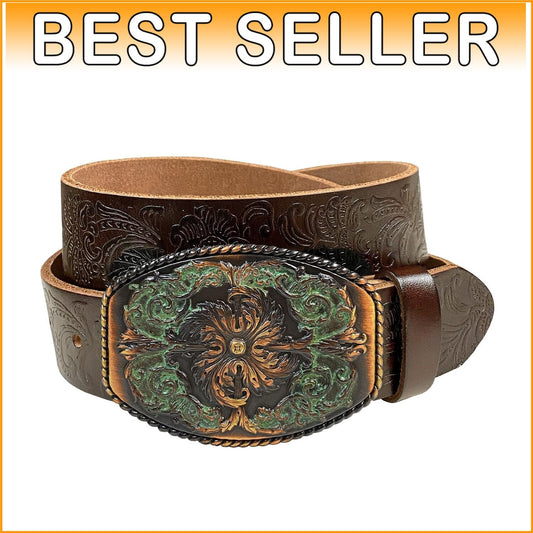 Custom Fit Western Leather Jean Belt with Floral Engraved Buckle – 3 Colors
