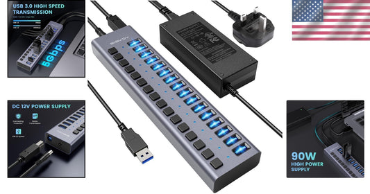 High-Speed 16-Port USB 3.0 Splitter - Durable Design with On/Off Switches