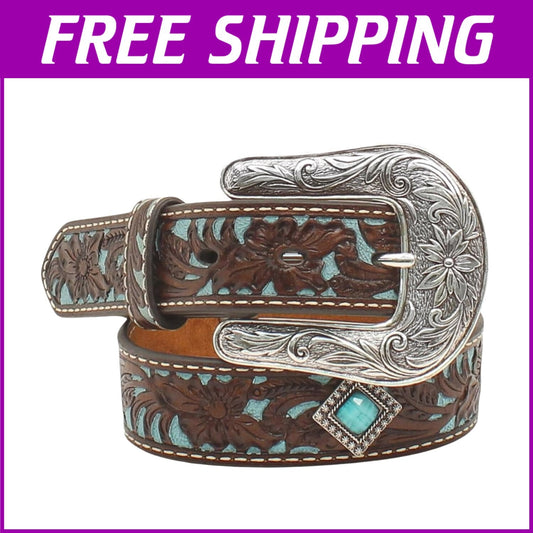 Comfortable Fit Girls' Leather Belt with Diamond Turquoise Conchos - Sizes 18-28