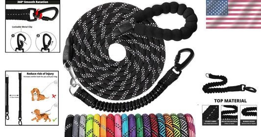 Reflective Long Dog Leash 100 FT - Bungee Safety & Comfort Padded Handle