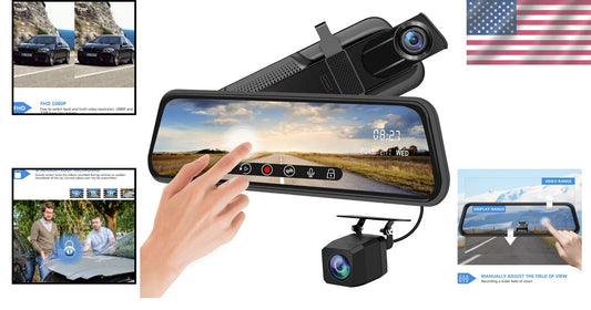 10-Inch Full HD Touchscreen Mirror Dash Cam - Waterproof Dual Lens with G-Sensor