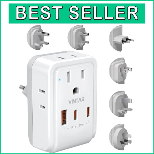 35W PD Universal Travel Adapter with 3 USB Ports & 6 Plug Types for Global Use
