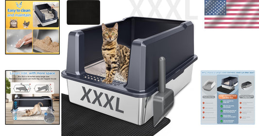 Super Large 28''L Stainless Steel Litter Box for Comfort & Hygiene - XXXL Design