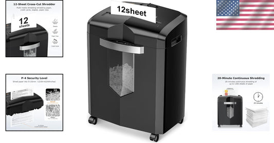 12-Sheet Cross Cut Shredder with 20-Minute Runtime & 4.2 Gal Bin - Heavy Duty