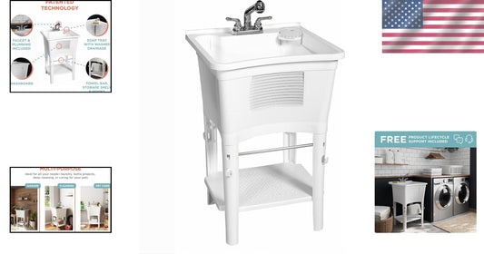 All-in-One Utility Sink with Shelf & Hooks for Convenient Laundry Setup - White