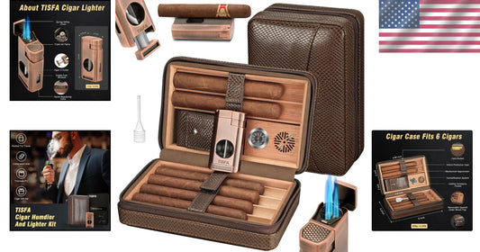 Cigar Travel Humidor Gift Set with Lighter, Humidifier & Hygrometer Included