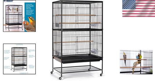 Large Wrought Iron Birdcage, 31"L x 20.5"W x 53"H with Storage & Rolling Casters