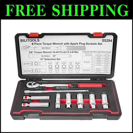 Precision 9-Piece Spark Plug Socket Set with Chrome Vanadium Click Torque Wrench