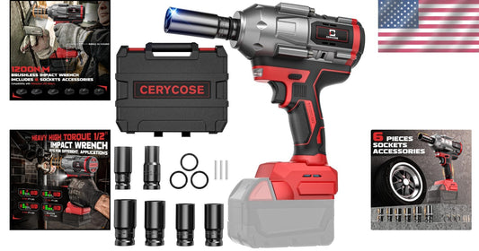 Brushless 1/2 Inch 900 ft-lbs Impact Gun - Complete Set with 6 Sockets & Light