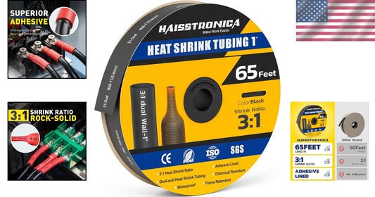 Adhesive-Lined 3:1 Shrink Ratio Tubing, 65FT Durable Black Heat Shrink Roll