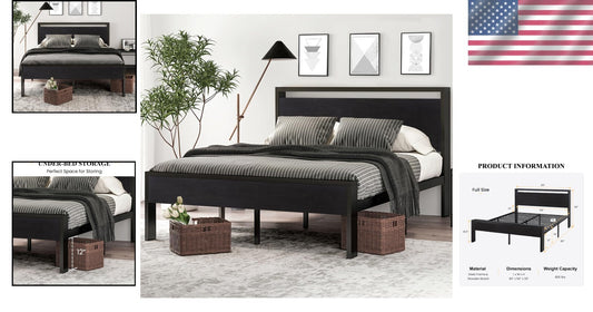 Sturdy 14-Inch Full Metal Platform Bed Frame with Rustic Black Oak Headboard