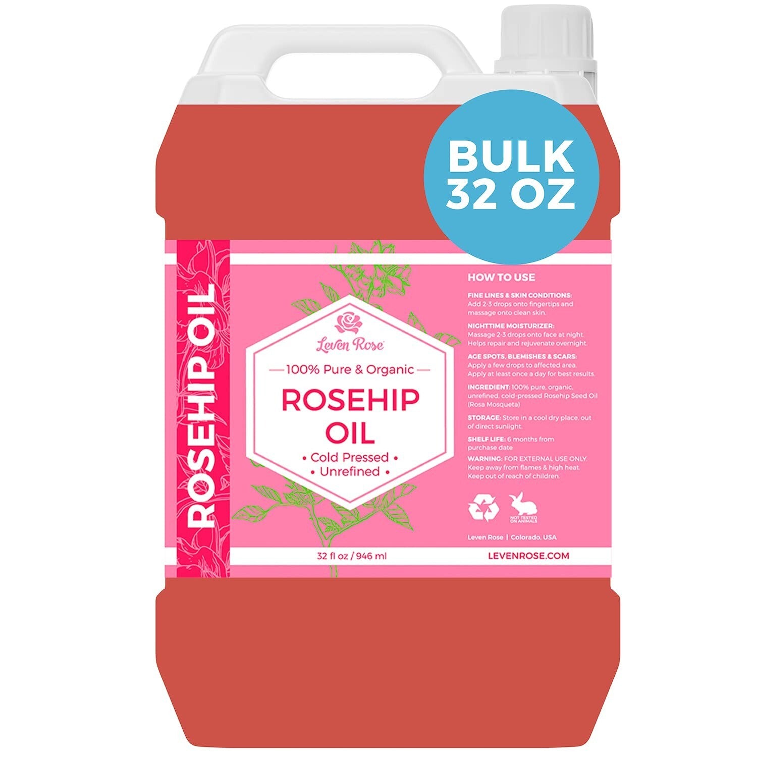32 oz Cold Pressed Rosehip Seed Oil - Ultimate Anti-Aging Skin Nourisher