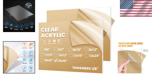 Durable 24x36" Clear Cast Acrylic Sheets - 1/8" Thick Plexiglass - 2 Pack