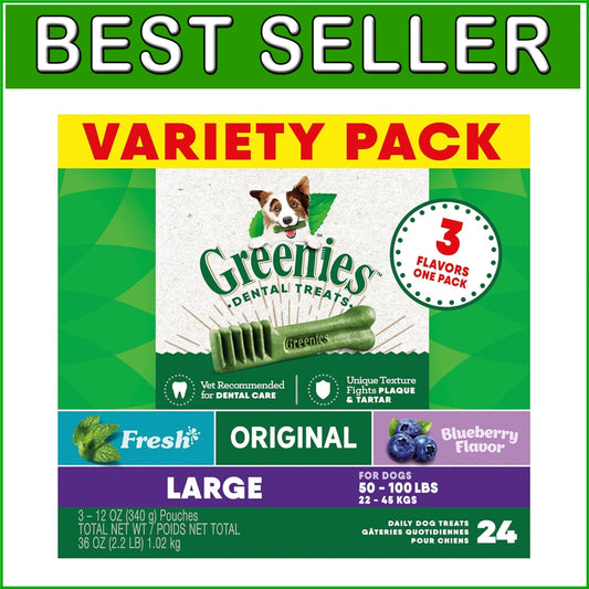 Daily Dental Care Treats for Large Dogs - 3 Packs of Natural Chews, 36 oz.