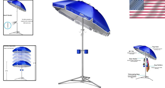 60" Round Sun Shade Umbrella with Adjustable Tilt & Accessories for Beach Fun