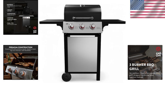Black Stainless Steel BBQ Grill – 3 Burners with Built-In Wheels for Easy Use