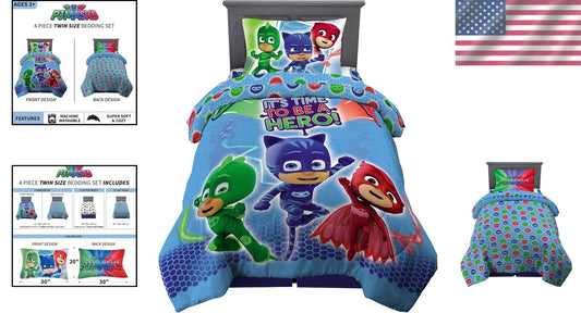 Twin Size PJ Masks Reversible Comforter and Sheet Set - 4 Piece Adventure Set