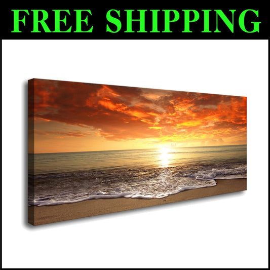 Elegant Framed Ocean Sunset Giclee Artwork - Ready to Hang 20x40 Inch Canvas