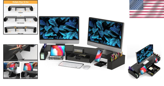 Multi-Functional Black Monitor Stand with Sliding Drawer & Organizers for Desks