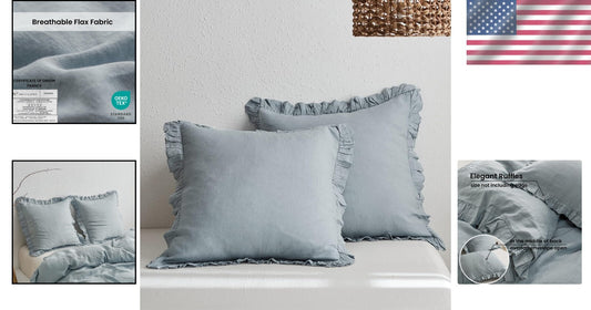 Breathable Dusty Blue French Linen Euro Shams with Charming Ruffles - 26''x26''