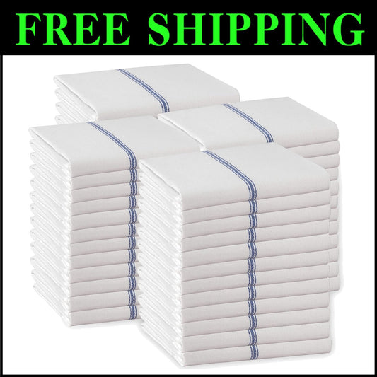 48-Pack Blue Stripe Kitchen Towels - Super Absorbent 100% Cotton Dish Cloths