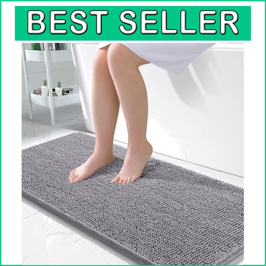 50x30 Grey Chenille Bath Mat - Extra Soft, Machine Washable with Rubber Backing