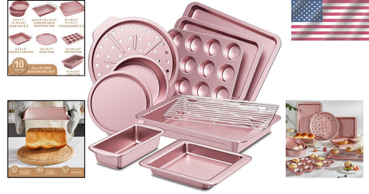 Durable 10-Piece Nonstick Baking Set - Safe, Stylish, and Stackable Pink Design