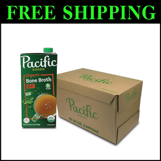 Savory Organic Beef Bone Broth - 32 Oz Cartons, Pack of 12 for Meal Enrichment