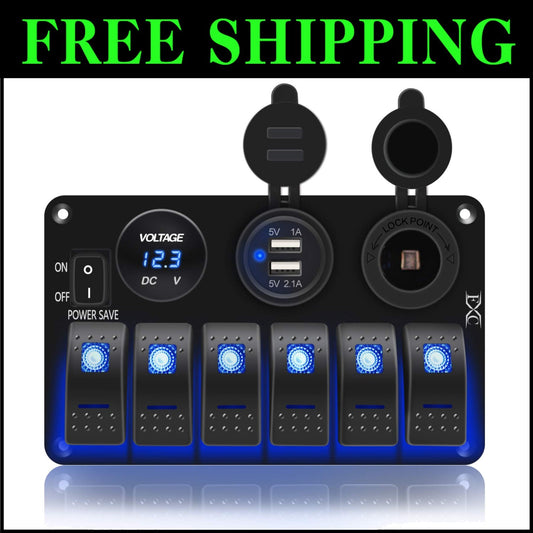Versatile Marine Rocker Switch Panel - 6 Gang with USB, Voltmeter & Power Saving