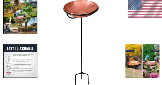 34-Inch Copper Bird Bath & Feeder with Sturdy Iron Stand for Backyard Charm