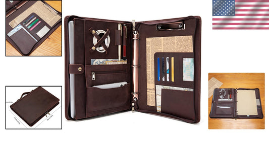 Elegant 3-Ring Leather Padfolio with Tablet Holder - Perfect for Business Trips
