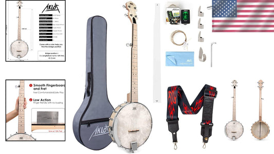 Full-Size 5-String Maple Banjo Kit with Remo Head & Accessories for All Levels