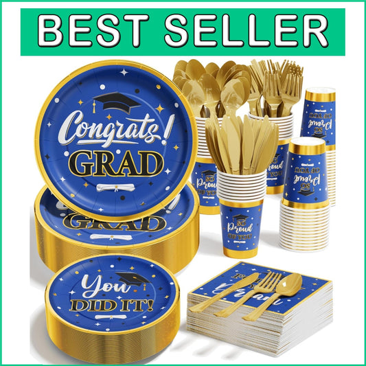 Disposable 350PCS Graduation Decorations - Blue & Gold Dinnerware for 50 Guests