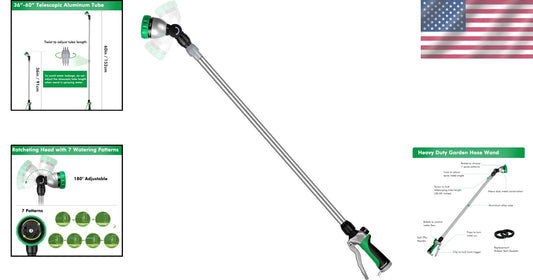 36”-60” Adjustable Metal Watering Wand with 7 Spray Patterns & Flow Control