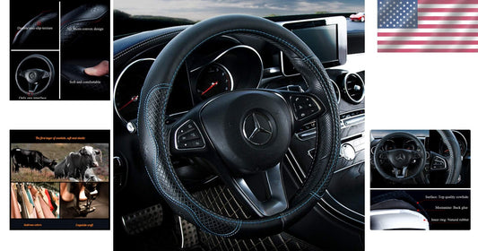 Eco-Friendly Cowhide Steering Wheel Cover in Black & Blue - 15" Size M Fit