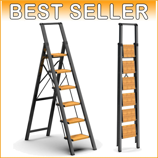 6 Step Lightweight Aluminum Folding Ladder for 12 Ft Ceilings - Safe & Stylish
