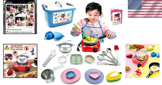 22-Pc Kids Cooking Set - Mini Kitchen Burners, Apron & Utensils for Ages 6-12