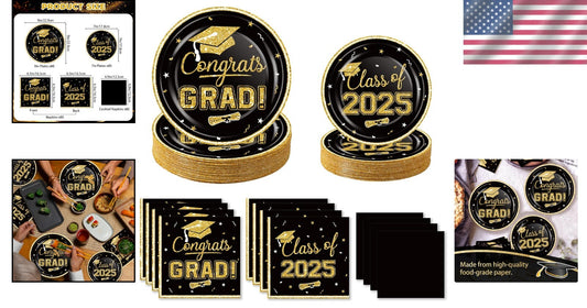 320Pcs Black & Gold Graduation Party Supplies - Elegance for Class of 2025