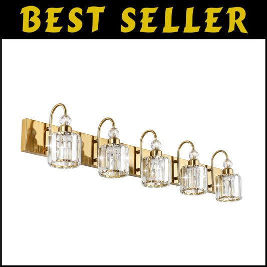 Elegantly Crafted 5-Light Brass Gold Vanity Wall Lighting with Crystal Shades