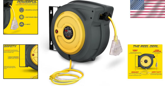 Durable 50ft SJTOW Extension Cord Reel - UV Resistant with Adjustable Stopper